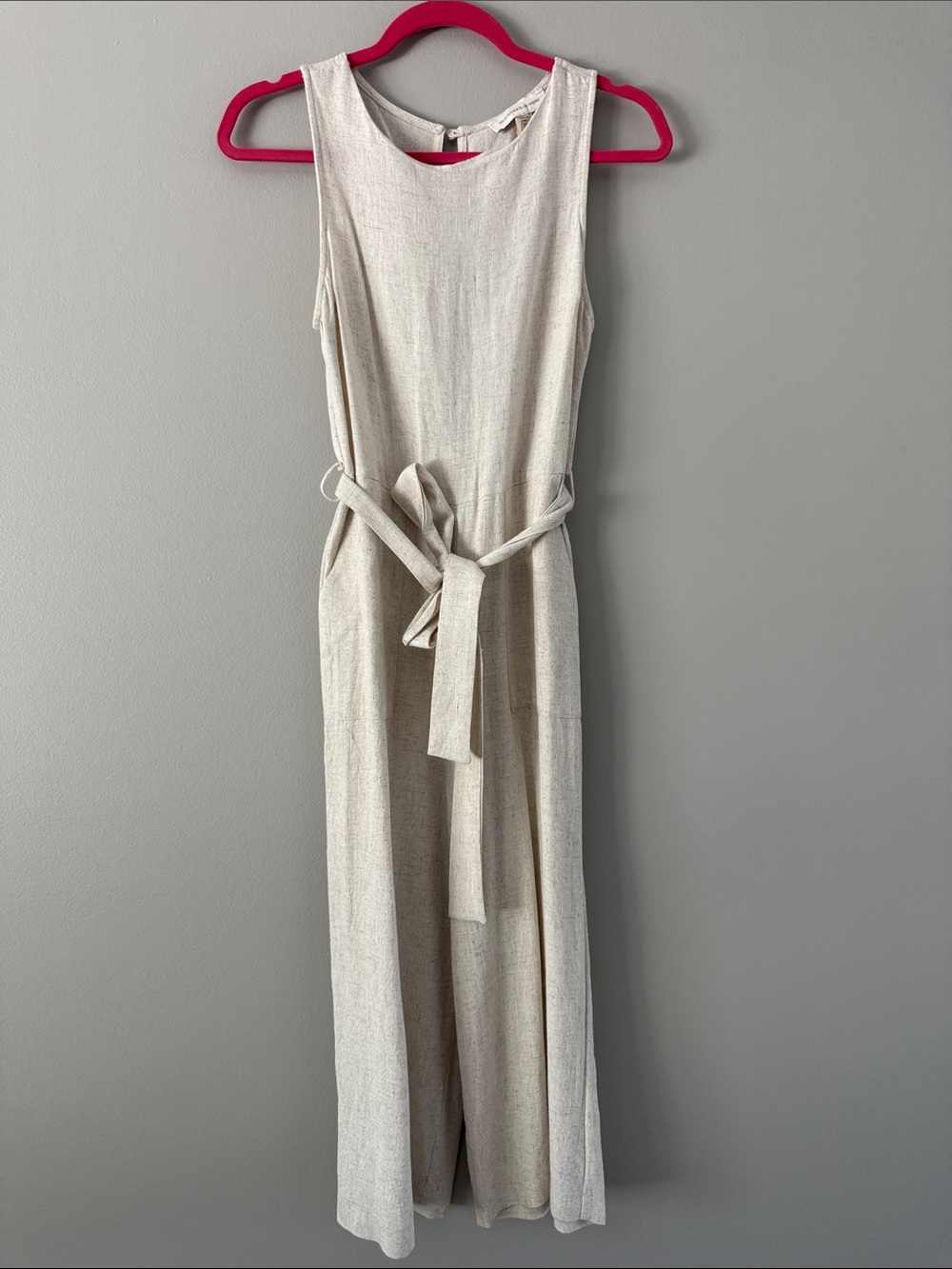 Sleeveless Linen-Blend Belted Jumpsuit in Natural beige